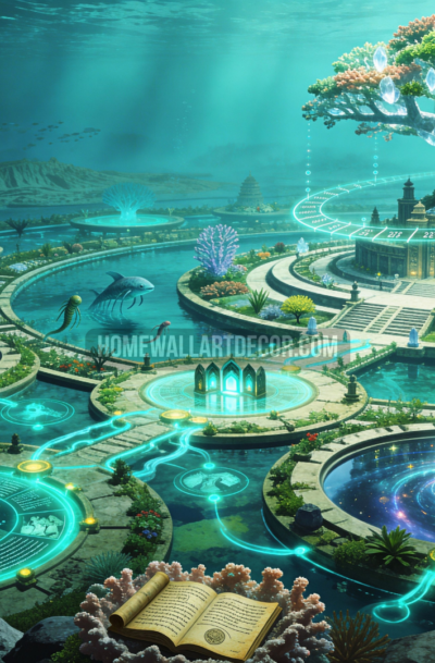 underwater temple wall art, glowing crystal spires, sacred geometry, teal ocean fantasy cityscape, digital art download