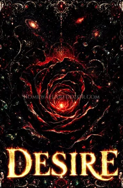 Cosmic rose desire tarot art glowing crimson against deep black space