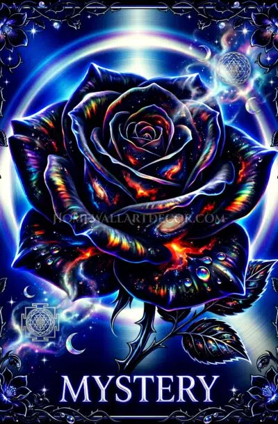 Haunting galaxy rose printable tarot wall art with nebula filled black petals