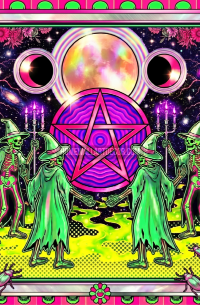 halloween witch wall art, neon skeleton witches in robes with pentagram, triple moon, pink flowers, cosmic background, digital art download