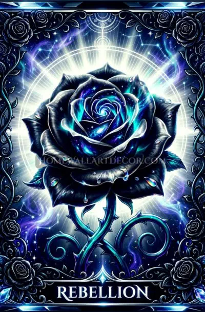 Rebellion tarot wall art with an electric blue rose ringed in white light