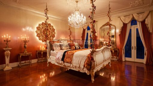Mystical sacred geoemtric Orange Pink and White Bedroom a Fall Rococo Interior Design Idea with a hanging chain bed