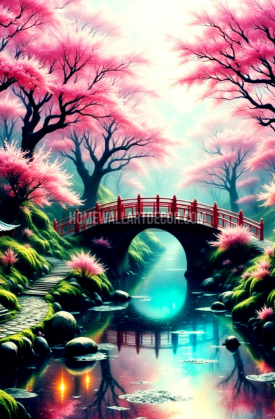 japanese friendship bridge wall art, red arched bridge over glowing teal water, pink sakura trees, lantern, mist, digital art download