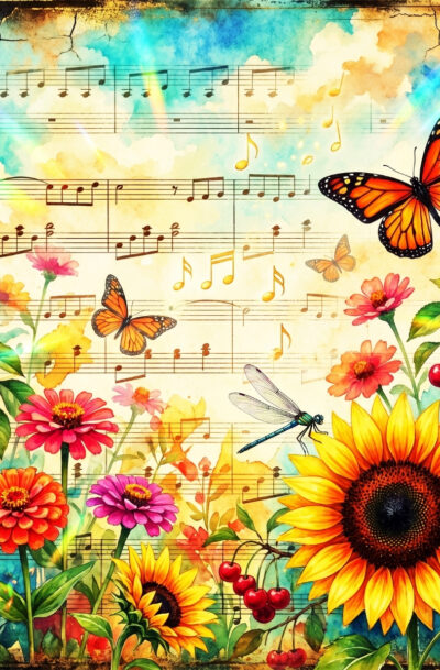 floral music wall art, watercolor sunflowers butterflies dragonfly sheet music vintage garden, warm tones, digital art download
