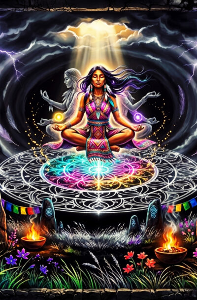 shamanic meditation wall art, indigenous woman in lotus pose, neon chakra mandala, violet lightning, spirit guides, digital art download