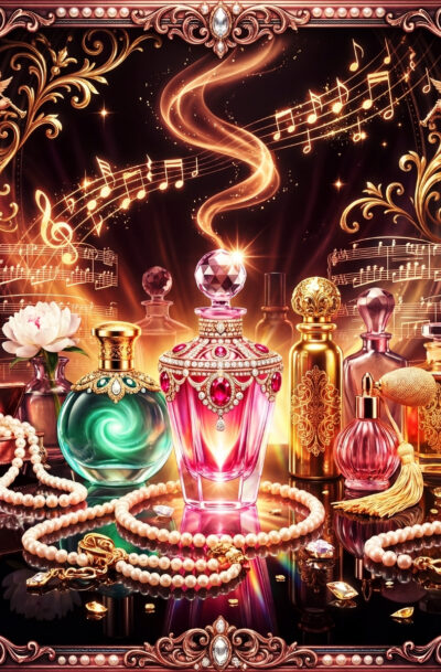 baroque perfume bottle wall art, ruby pink and emerald jeweled bottles with cherubs, pearls, and golden musical notes, digital art download