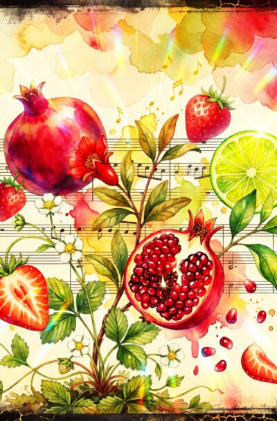 botanical fruit wall art, crimson pomegranate, strawberry, lime on aged sheet music, gold rays, digital art download