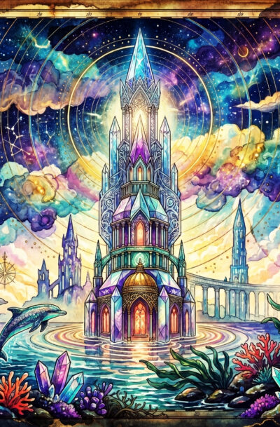 crystal Atlantis tower art, iridescent spires rising through constellation skies above dolphins and coral, digital art download