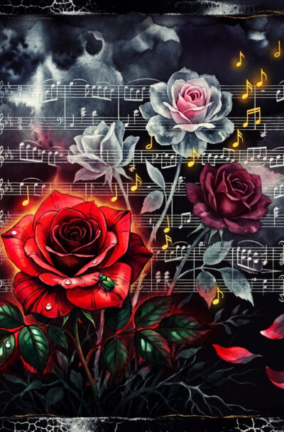 dark rose sheet music art, crimson burgundy and grey roses with gold notes on storm-black background, digital art download