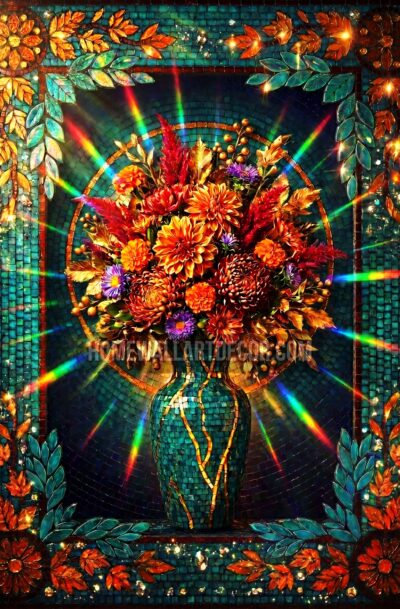 autumn dahlia wall art, mosaic vase bouquet in teal and orange with rainbow rays, digital art download