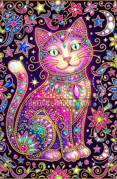 cute kitty cat wall art, jewel-encrusted pink purple cat with gold filigree, stars and moon, digital art download