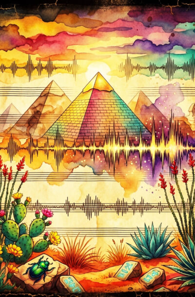 egyptian pyramid wall art, rainbow watercolor pyramids with sound waves, scarab, cactus, hieroglyphs, warm sunset tones, digital art download