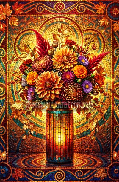 fall mosaic floral wall art, glowing dahlias chrysanthemums asters in tiled vase, amber gold jewel tones, digital art download