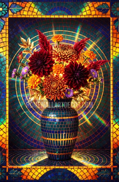 mosaic dahlia wall art, crimson and gold dahlias in tiled vase, jewel tone stained glass halo, digital art download