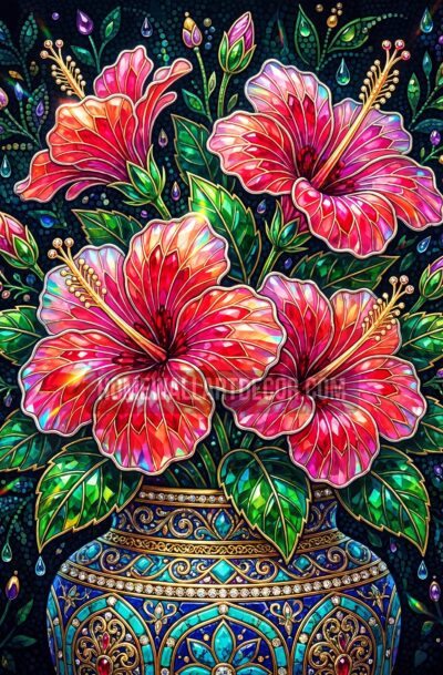 pink hibiscus wall art, stained glass style blooms in crimson and rose with jeweled ornate vase, dark background, digital art download