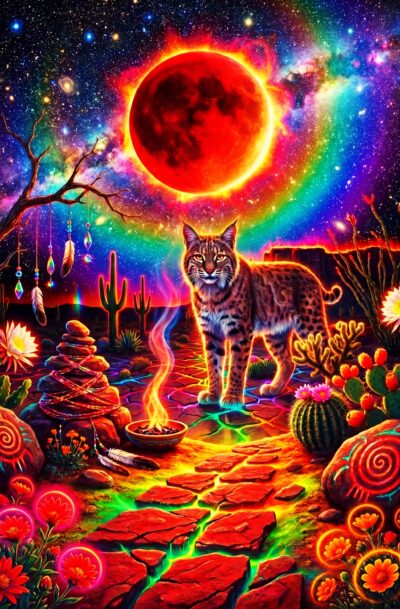 desert bobcat wall art, bobcat under blood moon with neon desert landscape, spiral petroglyphs, cactus blooms, digital art download