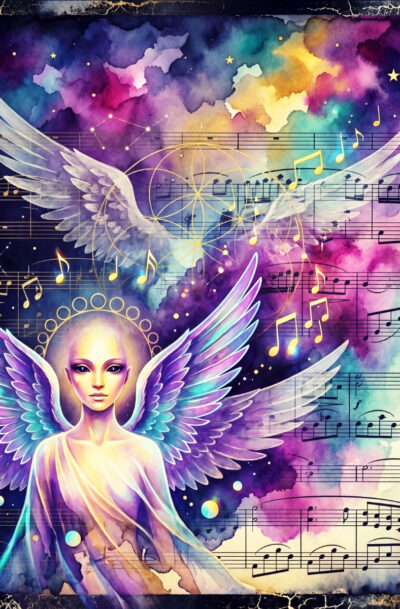 angel sheet music wall art, iridescent winged figure in violet and teal watercolor with gold notes, digital art download