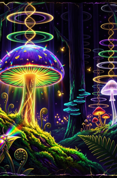 neon mushroom forest art, glowing violet mushroom with rainbow DNA spirals, gold beetle, ferns, bioluminescent forest digital art download