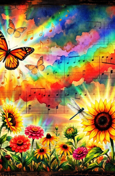butterfly music wall art, monarch butterflies and sunflowers over rainbow watercolor sheet music sky, digital art download