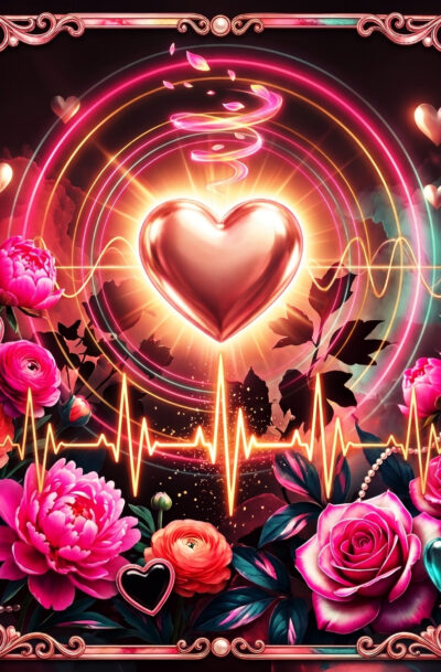 rose gold heart wall art, luminous neon pink rings, golden heartbeat line, peonies and roses, filigree frame, digital art download